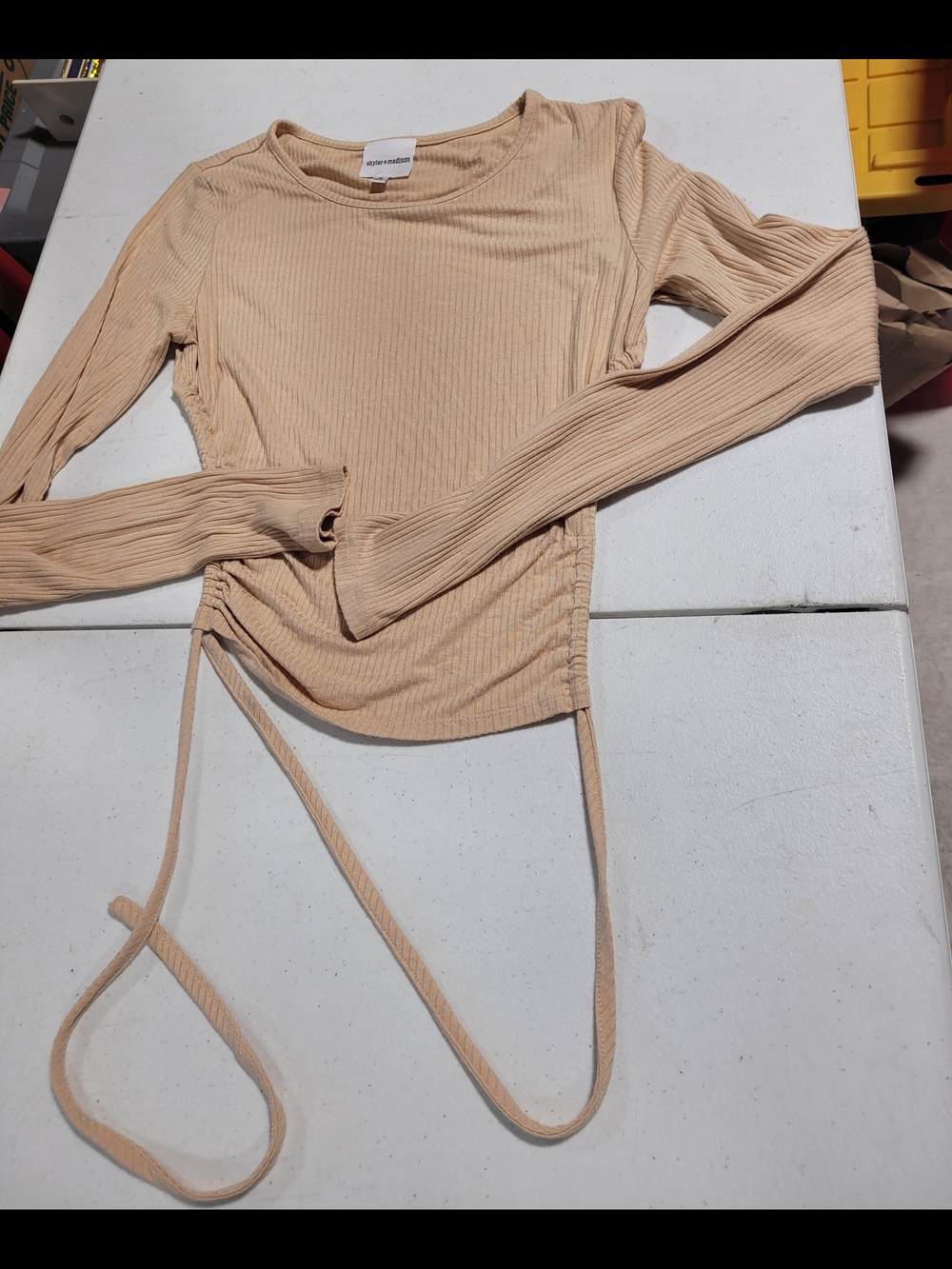 Skylar + Madison Ribbed Long Sleeve Drawstring Top - Beige